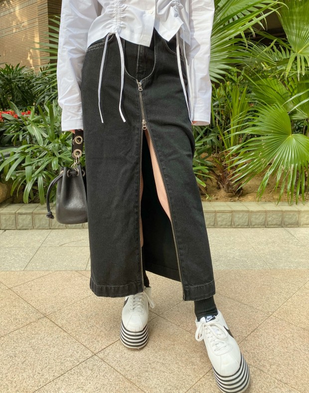 Denim Zipped Long Skirt #230228
